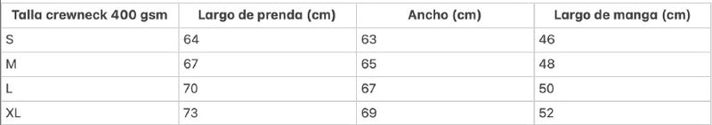 Guía de tallas para CREWNECK 400 GSM
